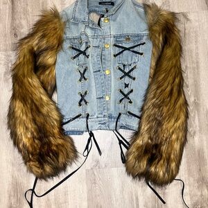 Blue Denim Jacket with Brown Faux Fur Sleeves